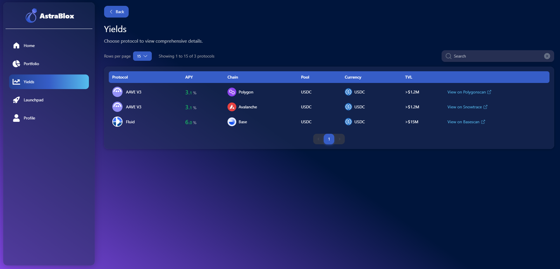 Yield Strategies: Compare DeFi protocols, APY rates, supported chains, and total value locked in one unified view.